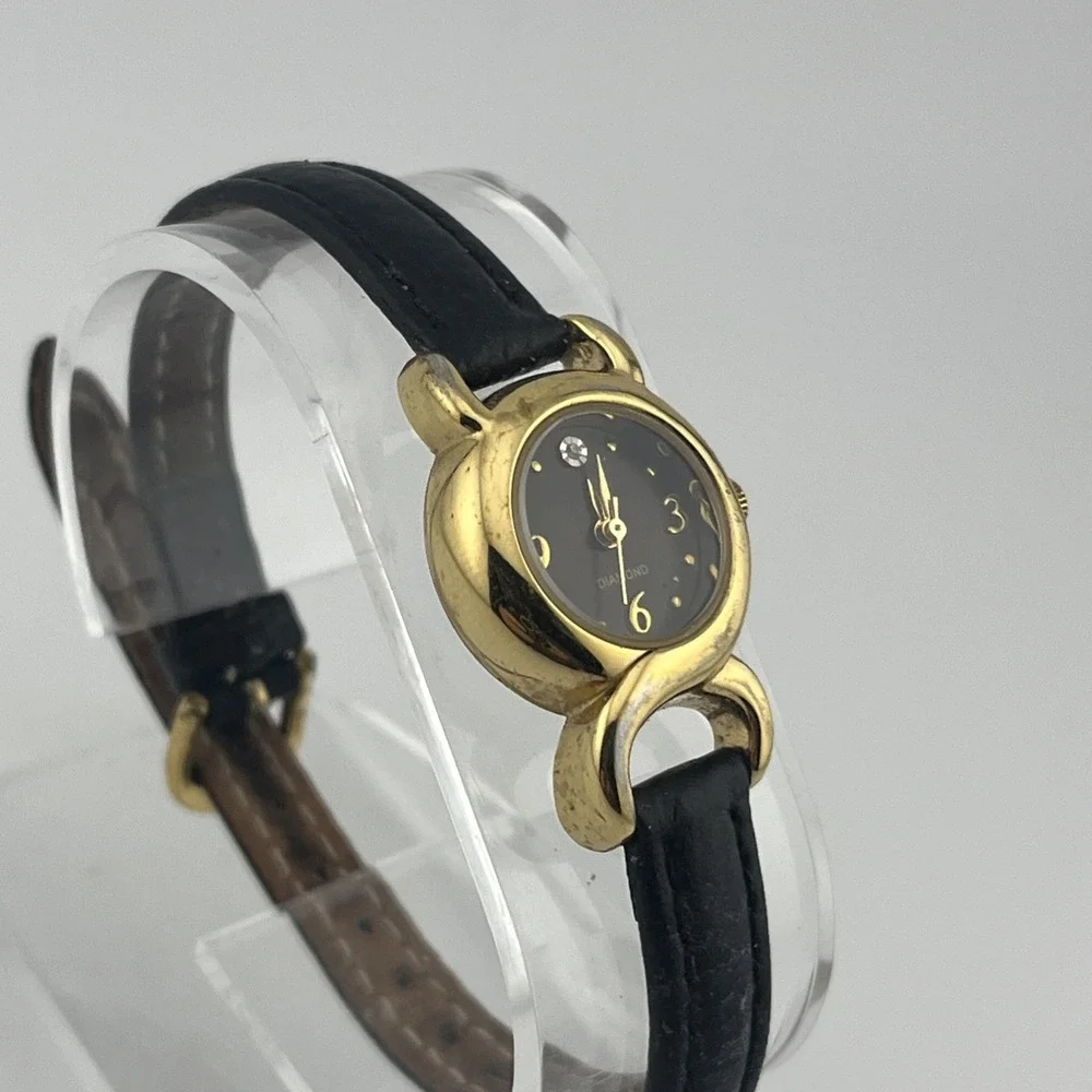 Avon 2007 Genuine Diamond Accent Watch 22mm Gold Case Leather Band-‎ New Battery